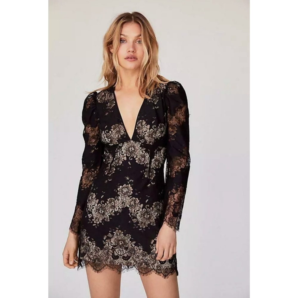 Saylor x Free People | Lourdes Black Lace Plunge Neck Mini Dress Size Small
